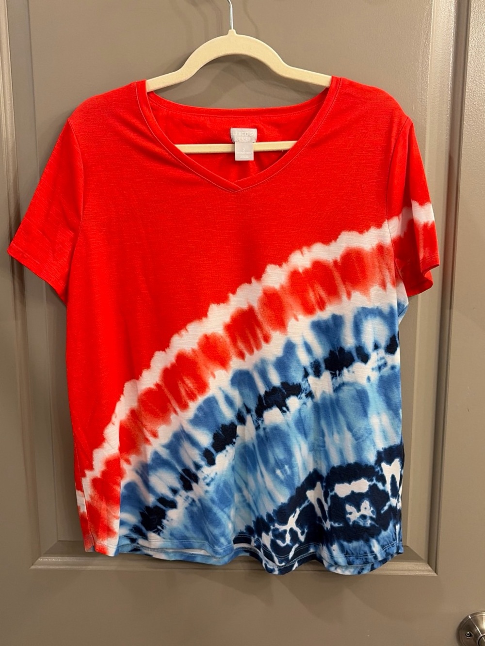 Chico's Red, White & Blue Tie-Dye V-Neck Short Sleeve Top